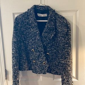 Zara black and white  double breasted cropped jacket